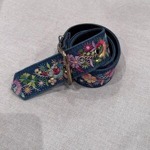 Floral Embroidered Belt - Blue and Multicolor with Gold Buckle